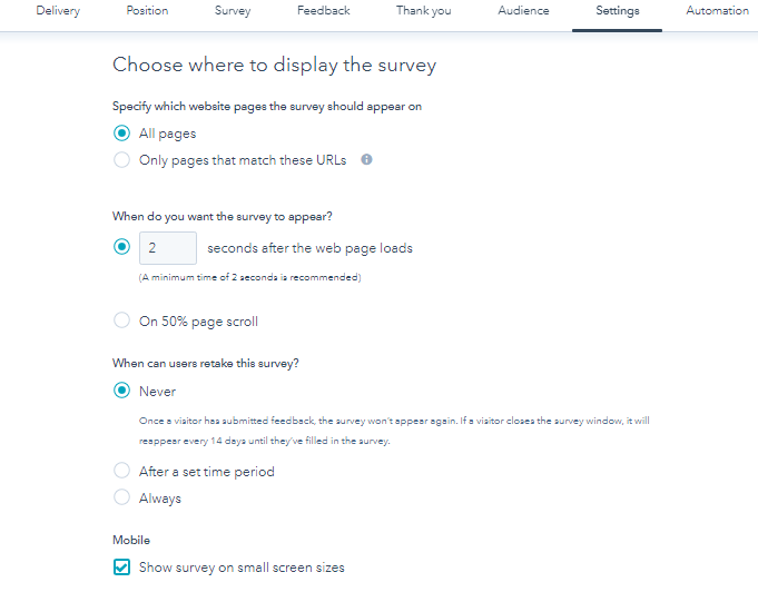 Choose where to display survey