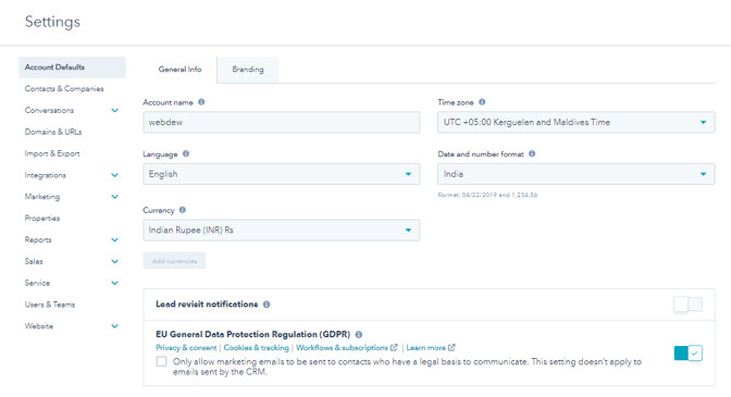General information setting page