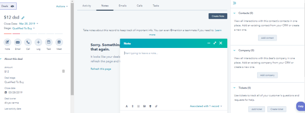 HubSpot CRM Create notes