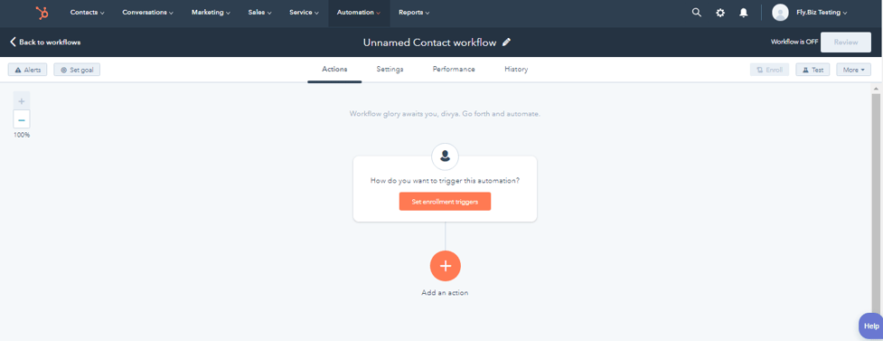 HubSpot CRM  Create Workflow button