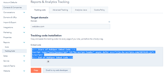 setting icon reports tracking code.