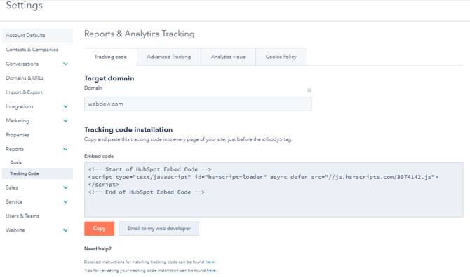 Tracking code setting